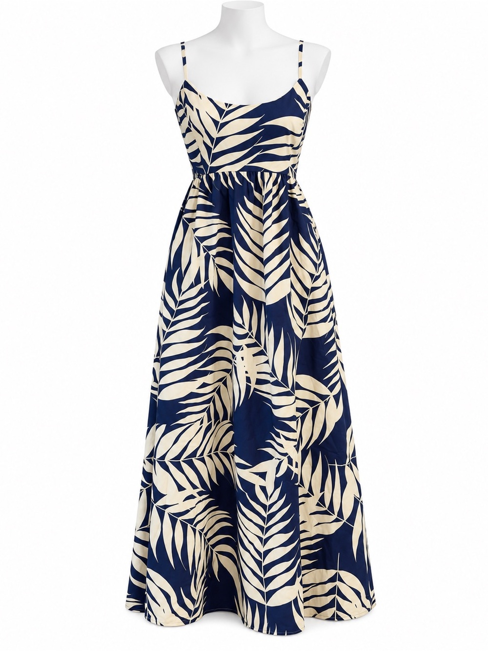 Hutch Navy Ivory Tropical Leaf Print Cotton Maxi Dress Smocked Resort NWOT Large